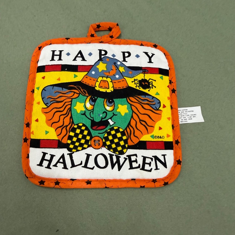 Vintage B&D Happy Halloween Witch Pot Holder Orange Black Star Quilted Hot Pad